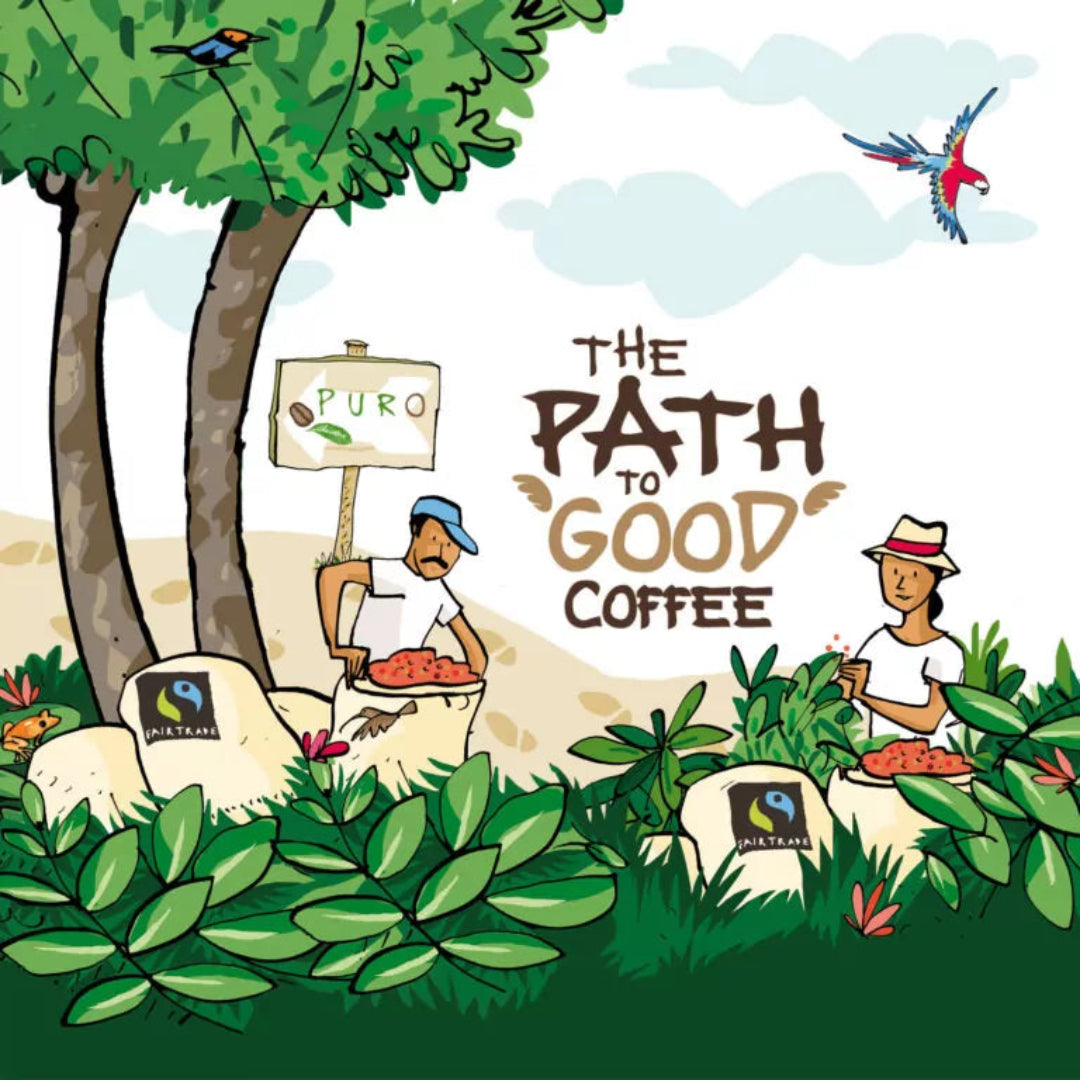 Illustration of people working with coffee beans in a coffee plantation, featuring 'The Path to Good Coffee' text and logos.