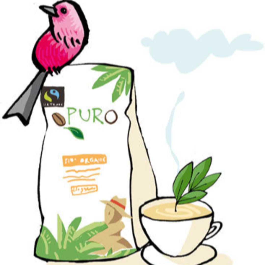 Illustration of a Puro coffee bag with a bird, cup of coffee, and beans on a white background