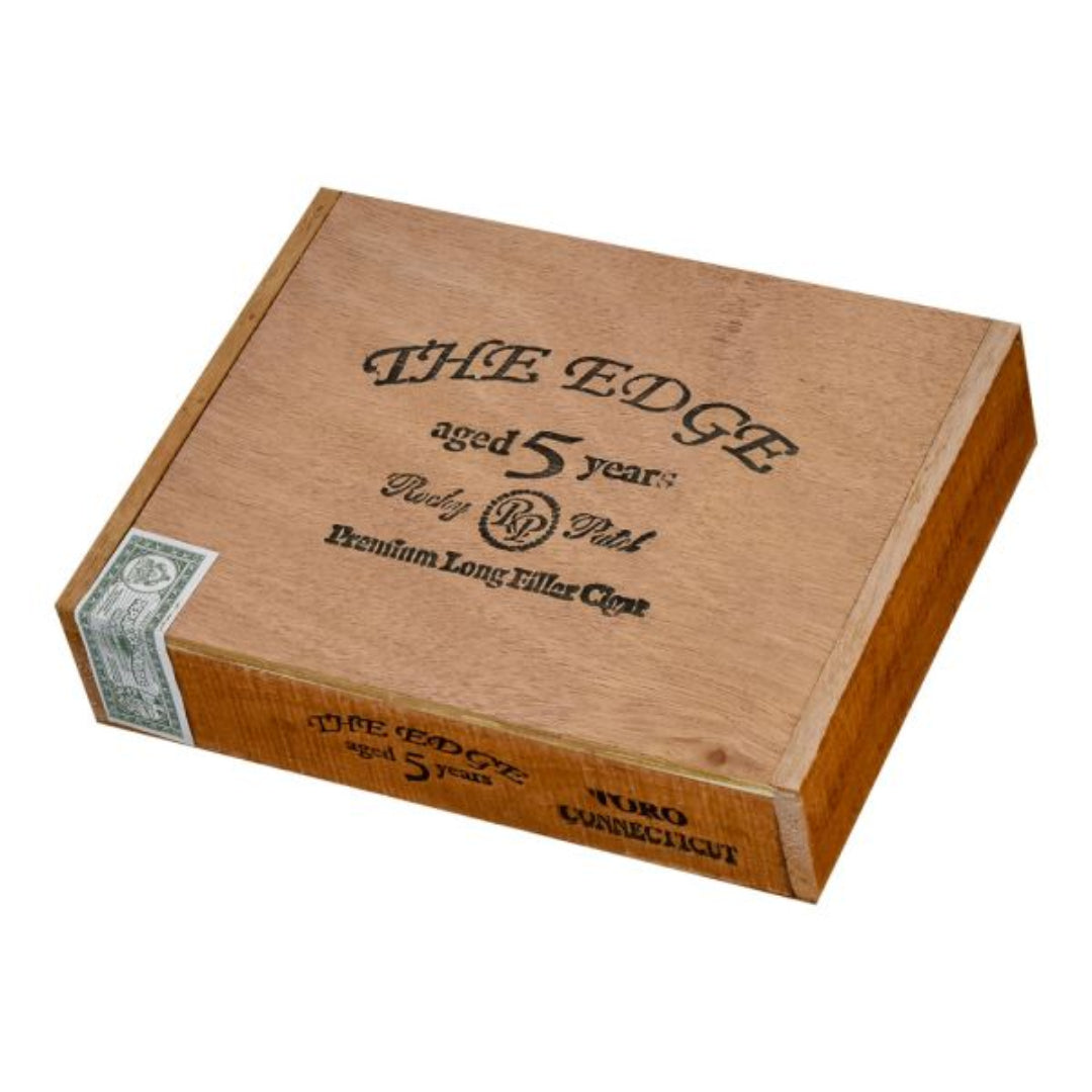 Wooden cigar box labeled 'The Edge aged 5 years' on a white background
