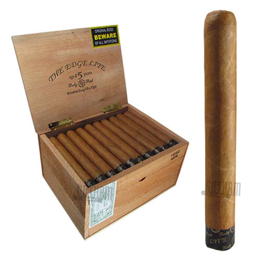 Open wooden box of cigars with a single cigar displayed on a white background