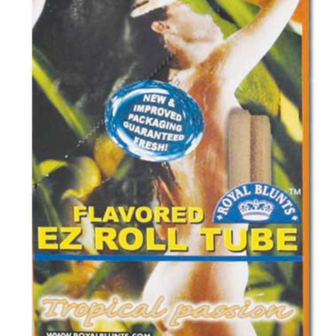 Box of Royal Blunts Flavored EZ Roll Tube with a man in a swimsuit on a colorful background.