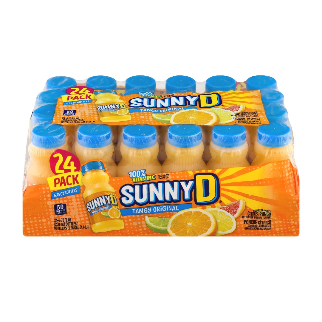 24-pack of Sunny D orange juice drinks on a white background