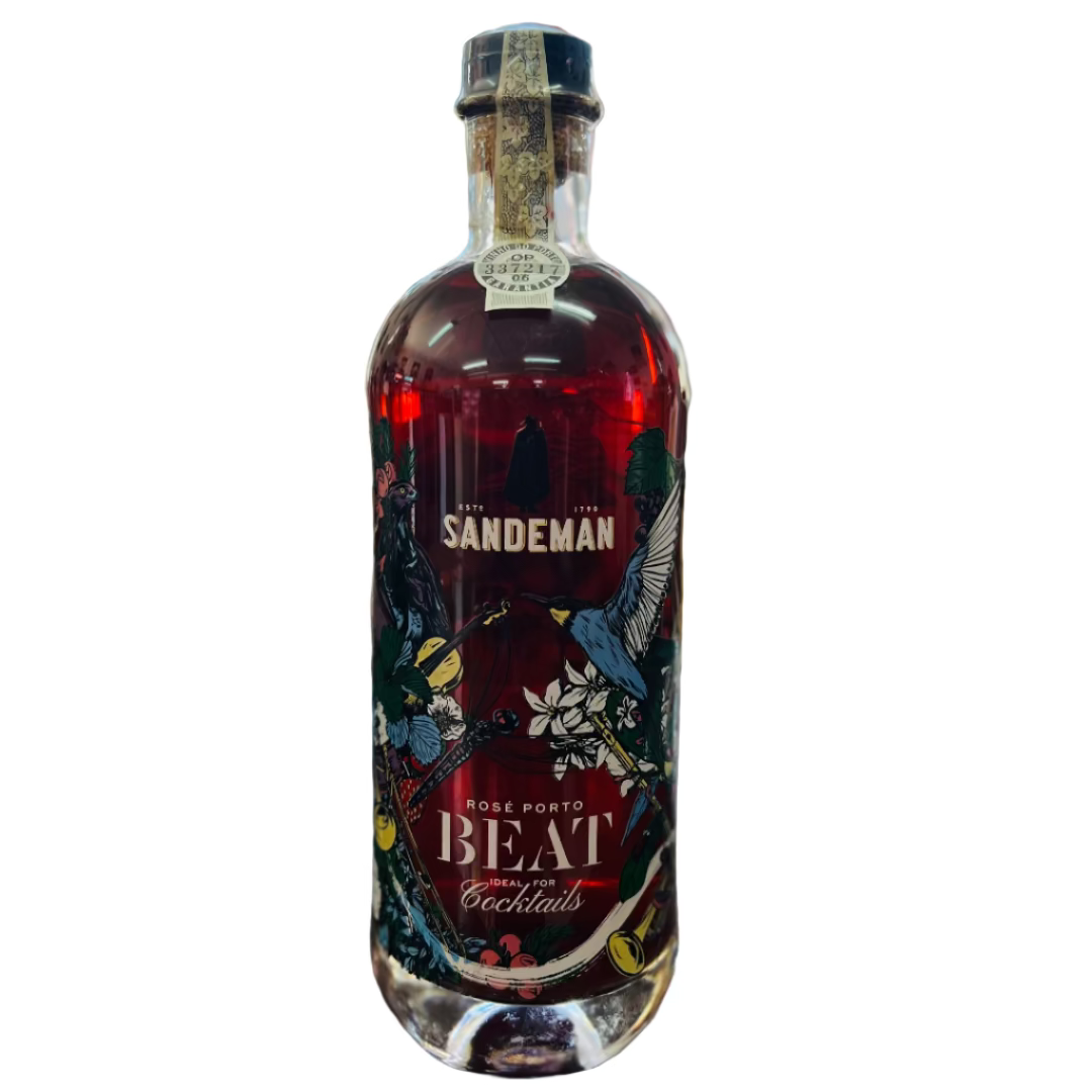 Bottle of Sandeman Beat cocktails on a bar counter with a blurred bar background