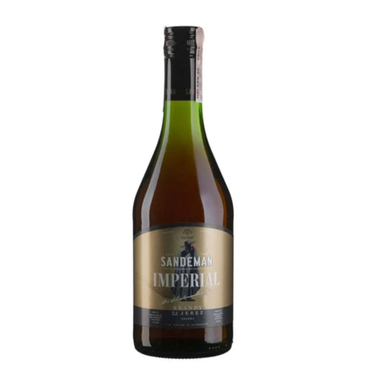 Wine bottle with Sandeman Imperial label on a white background