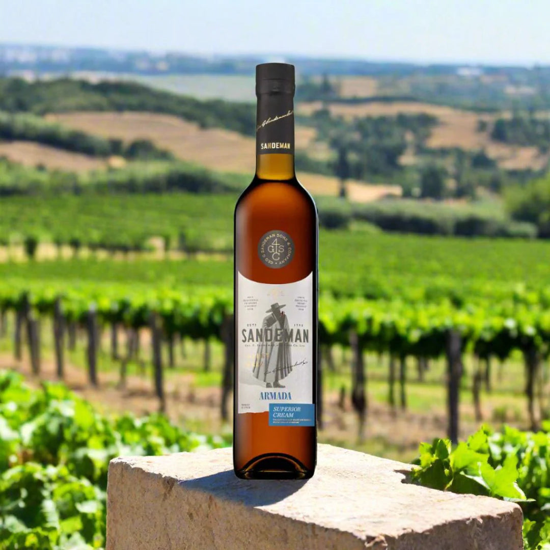 Bottle of Sandeman brand wine with vineyard in the background