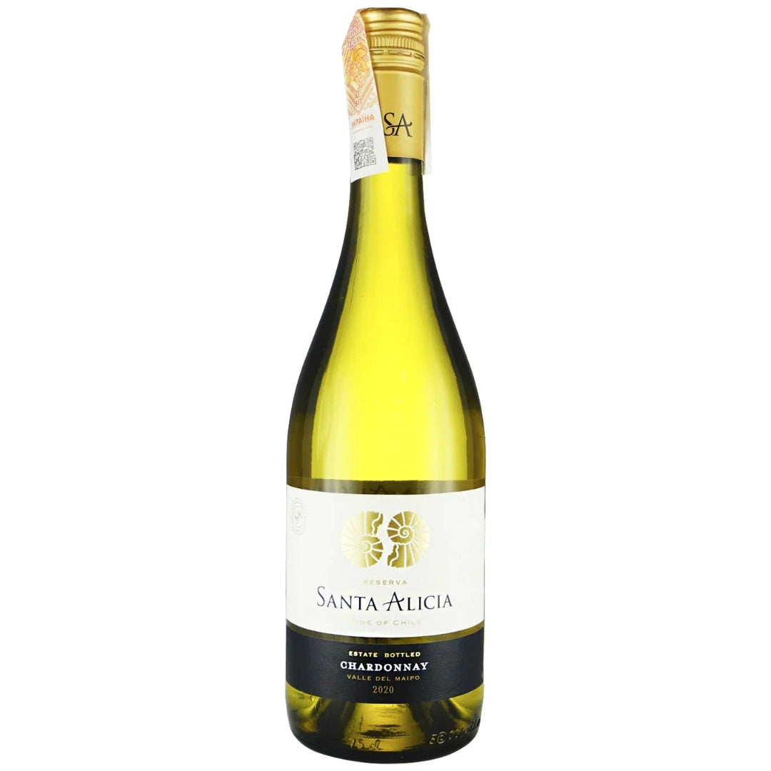 Bottle of Santa Alicia Chardonnay wine on a white background