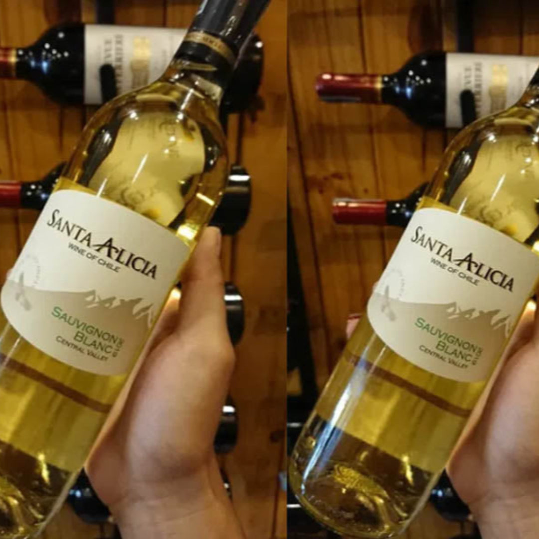Bottle of Santa Alicia Sauvignon Blanc wine held by a hand with a wooden wine rack in the background.
