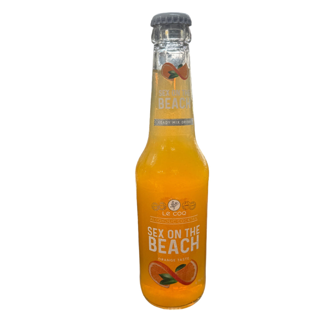Bottle of 'Sex on the Beach' orange juice on a reflective surface with blurred background