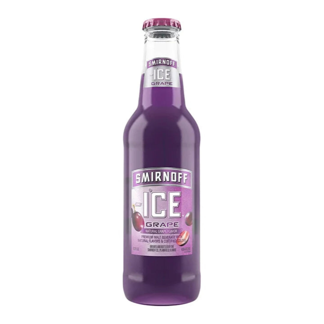 Purple bottle of Smirnoff Ice Grape vodka on a white background