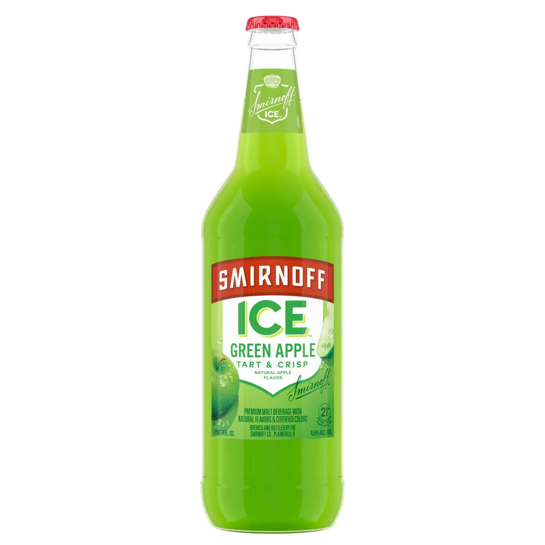 Green bottle of Smirnoff Ice Green Apple on a white background