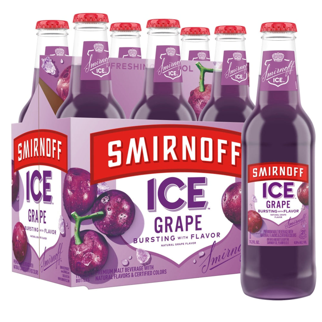Smirnoff Ice Grape bottles and packaging on a white background