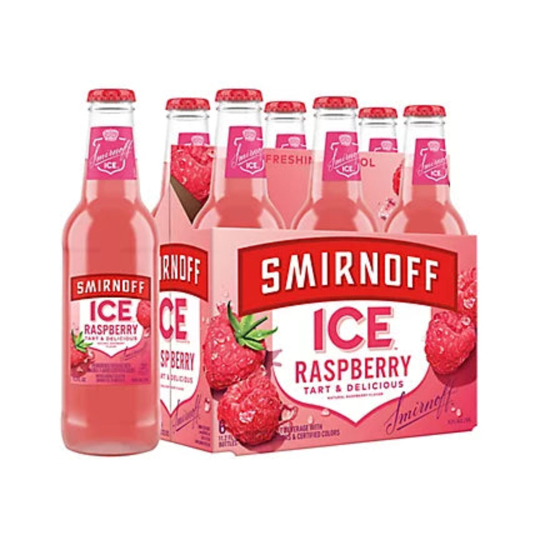 Smirnoff Ice Raspberry bottles and packaging on a white background