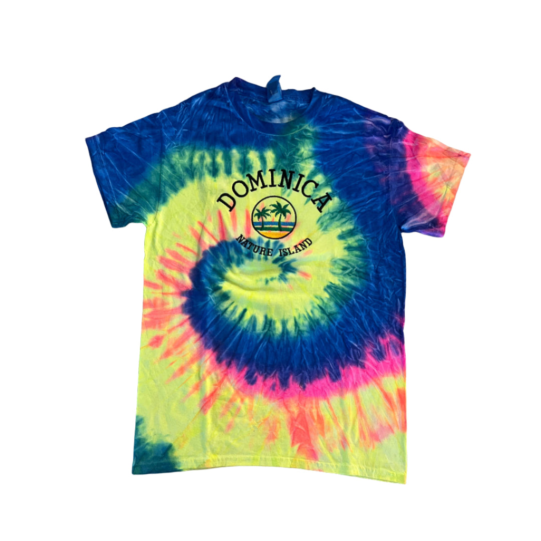 Colorful tie-dye shirt with a logo 