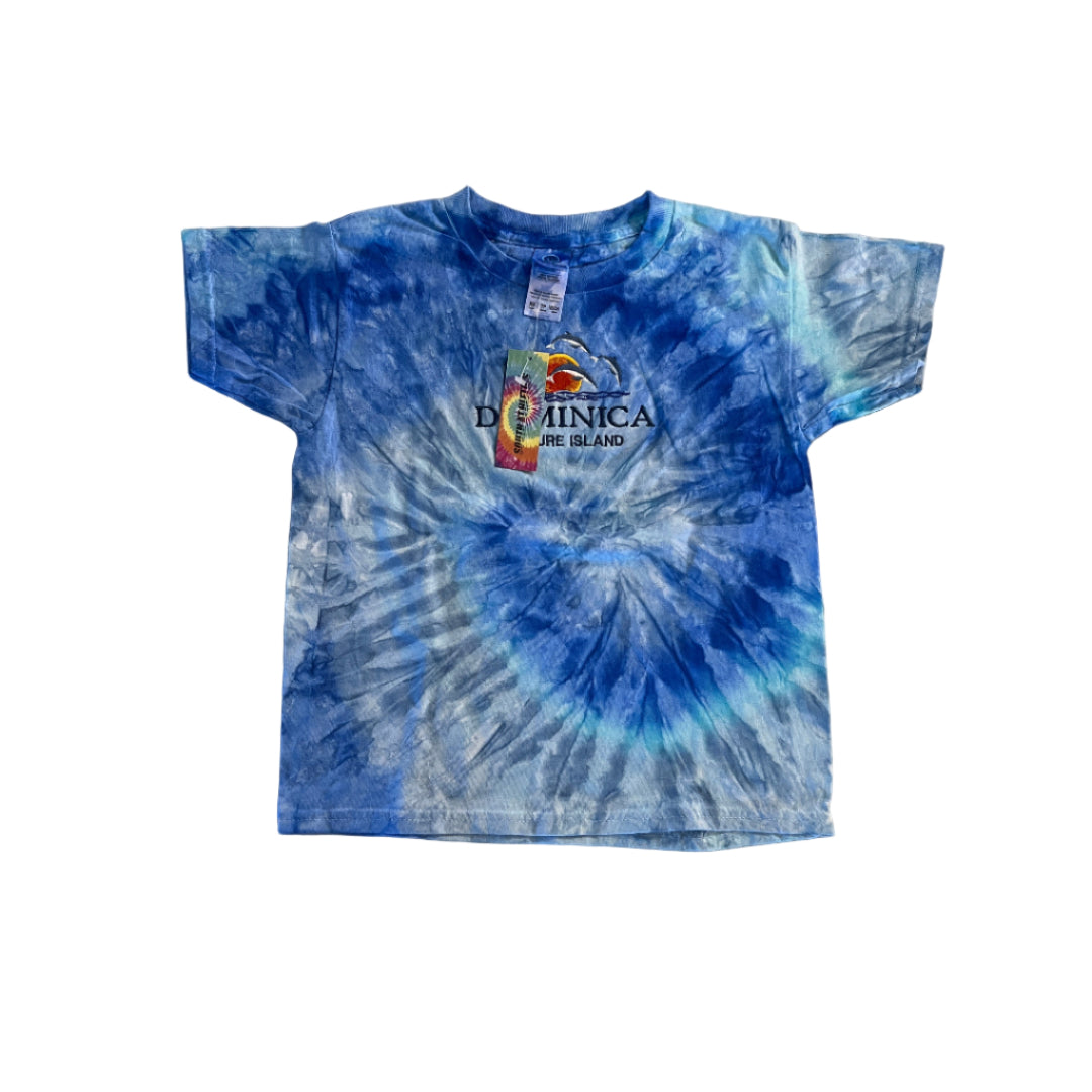 Blue tie-dye t-shirt with a logo 