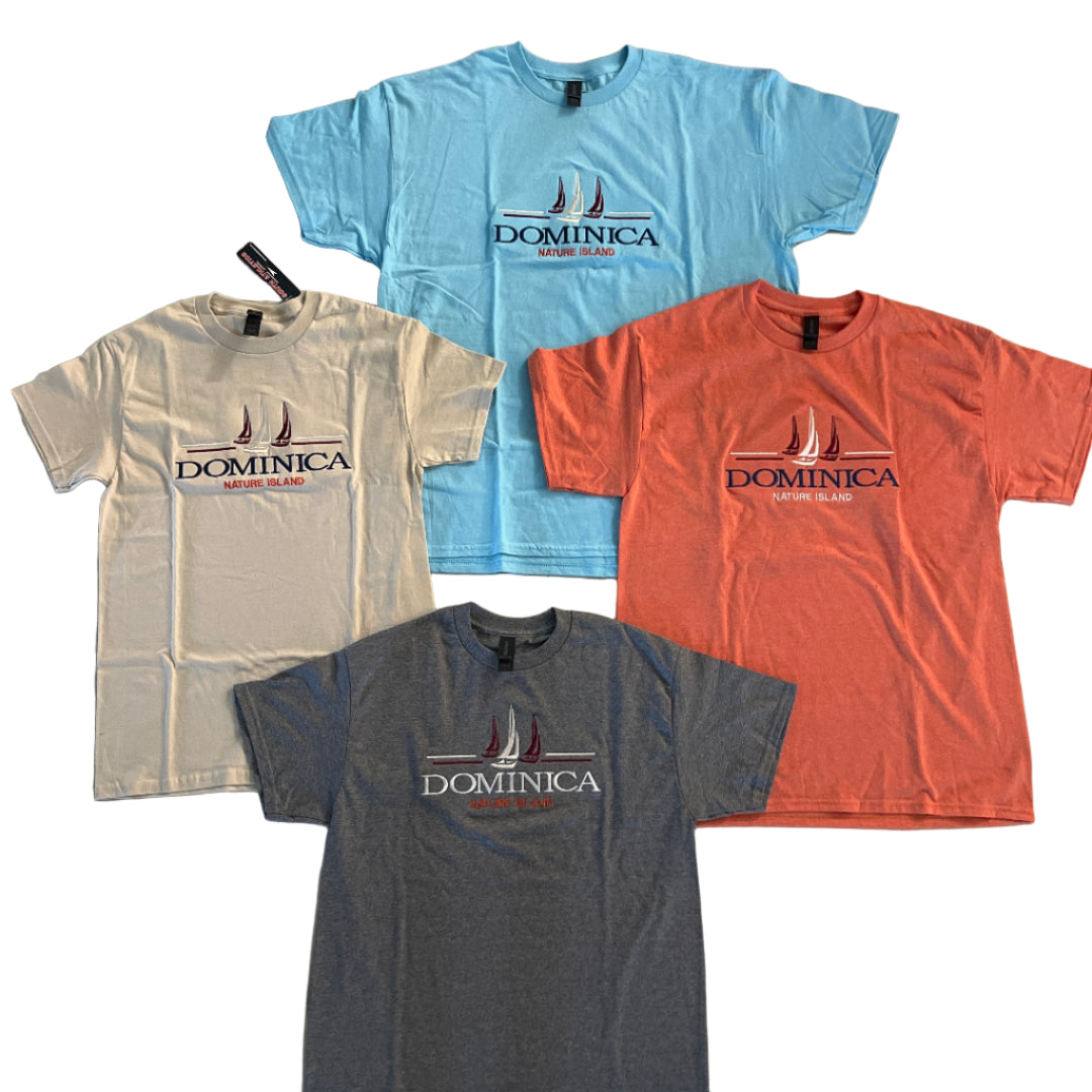 Four t-shirts in blue, orange, gray, and beige with a visible brand logo 
