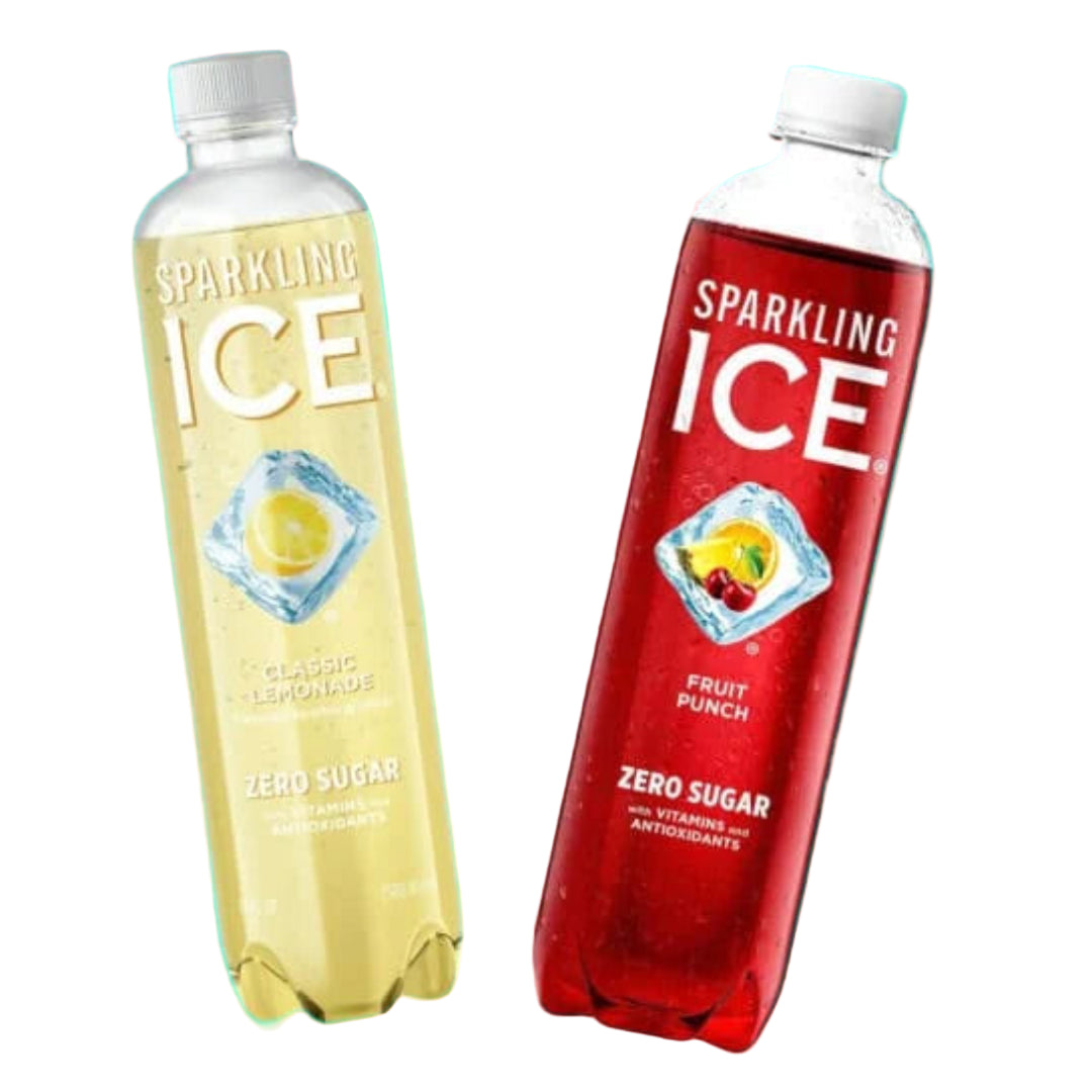 Four bottles of Sparkling Ice on a blue polka dot background