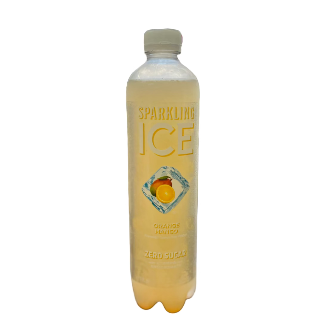 Bottle of Sparkling Ice on a dark surface with a blurred background