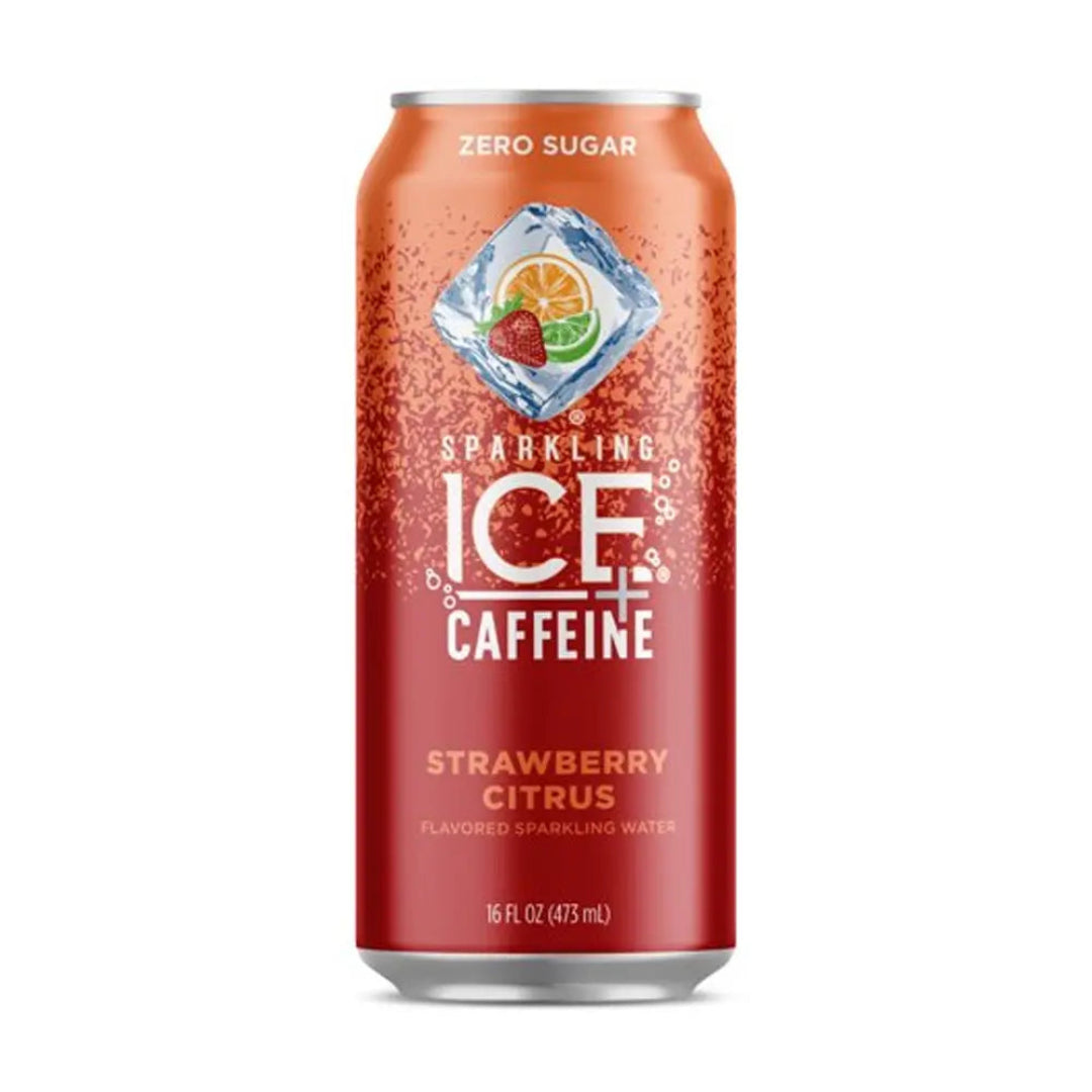 Red can of Sparkling Ice Caffeine Strawberry Citrus flavored sparkling water on a white background