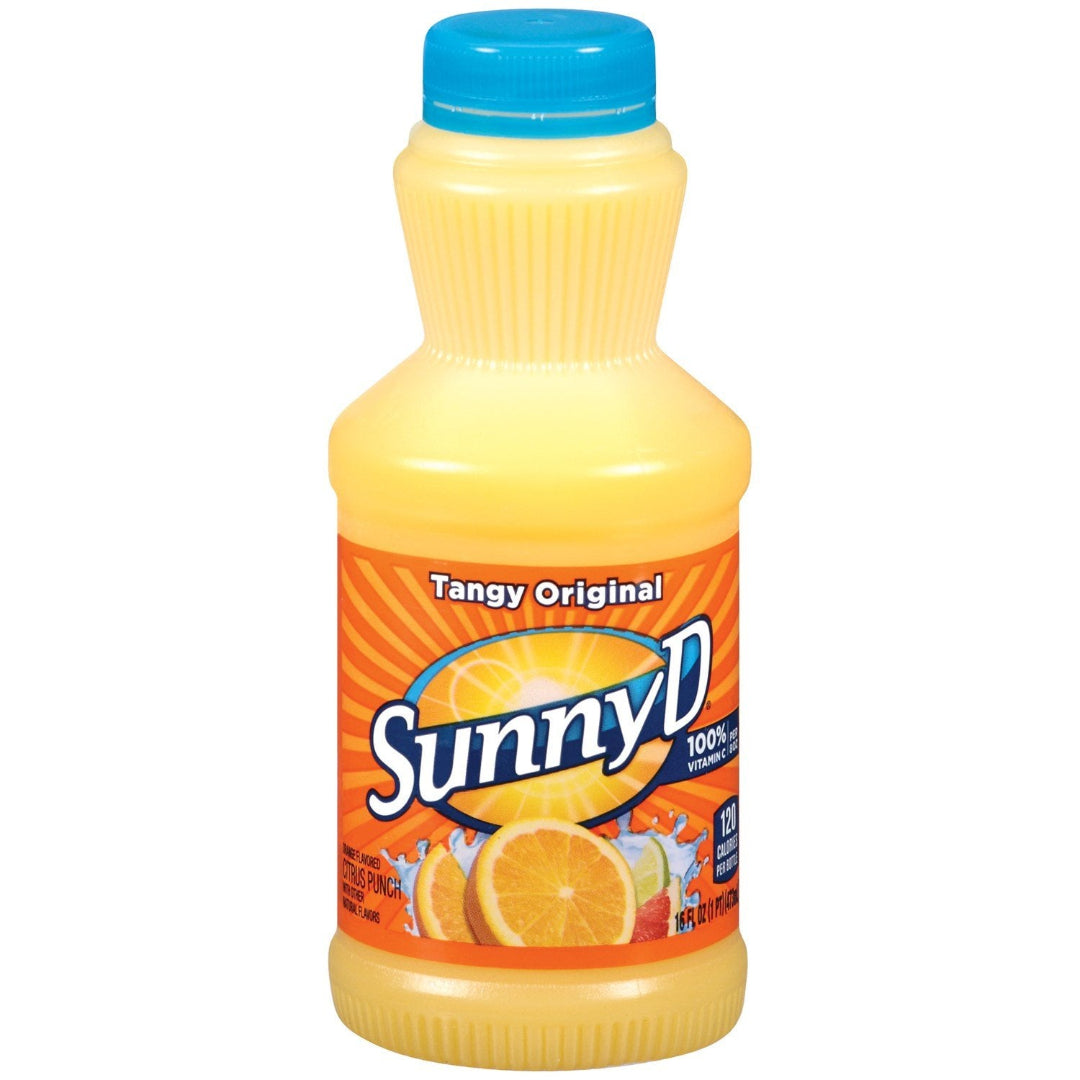 Sunny D bottle with blue cap on a white background