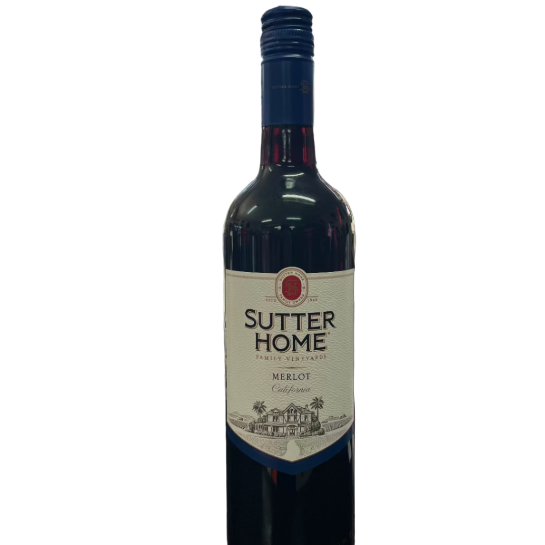 Sutter Home Merlot wine bottle on a bar counter with a blurred bar background