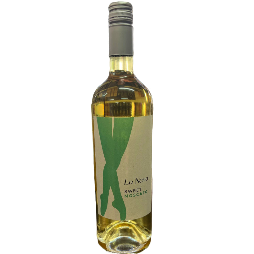 Bottle of La Nera Sweet Moscato wine on a bar counter with a blurred bar background