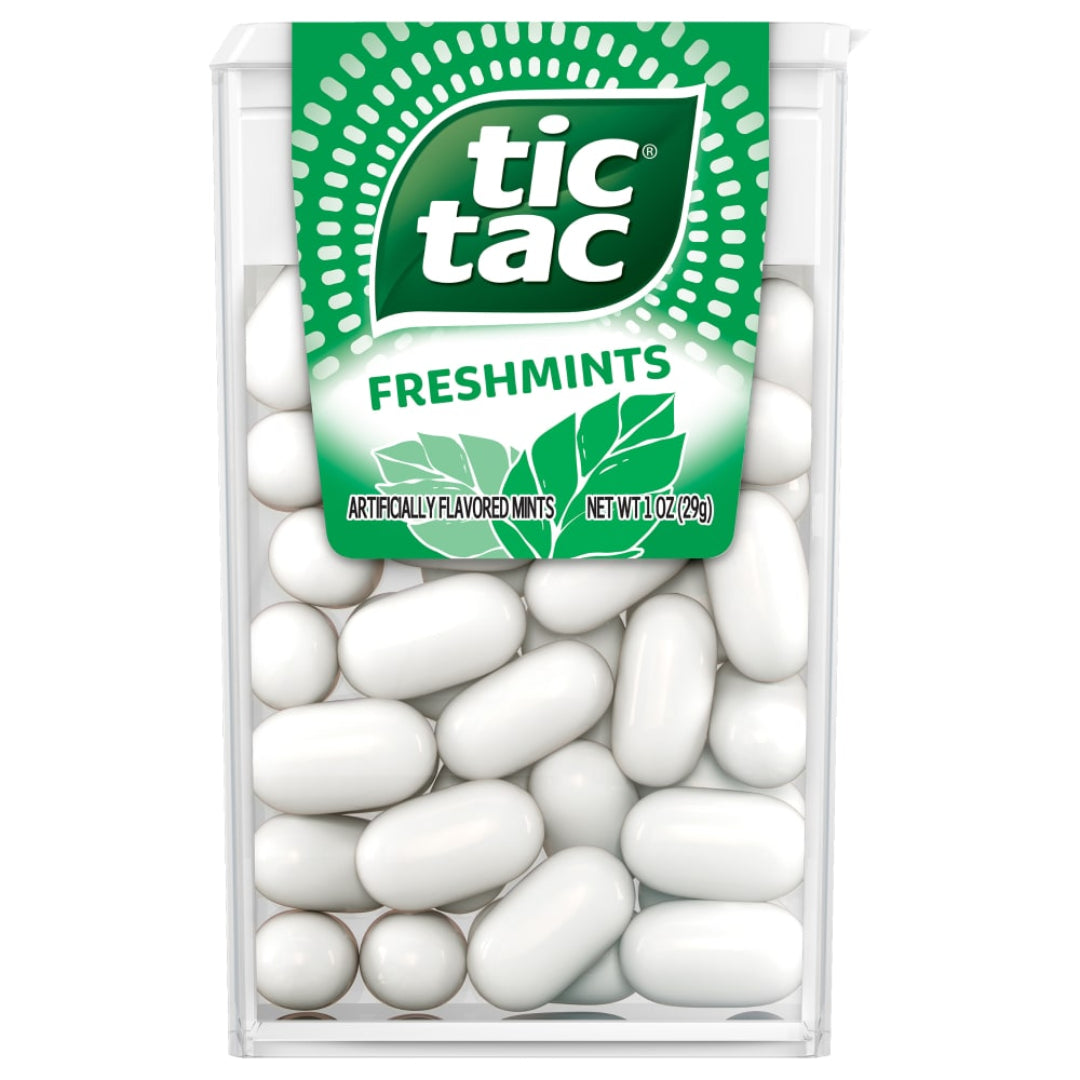Tic Tac Freshmints packaging with white mints inside on a white background
