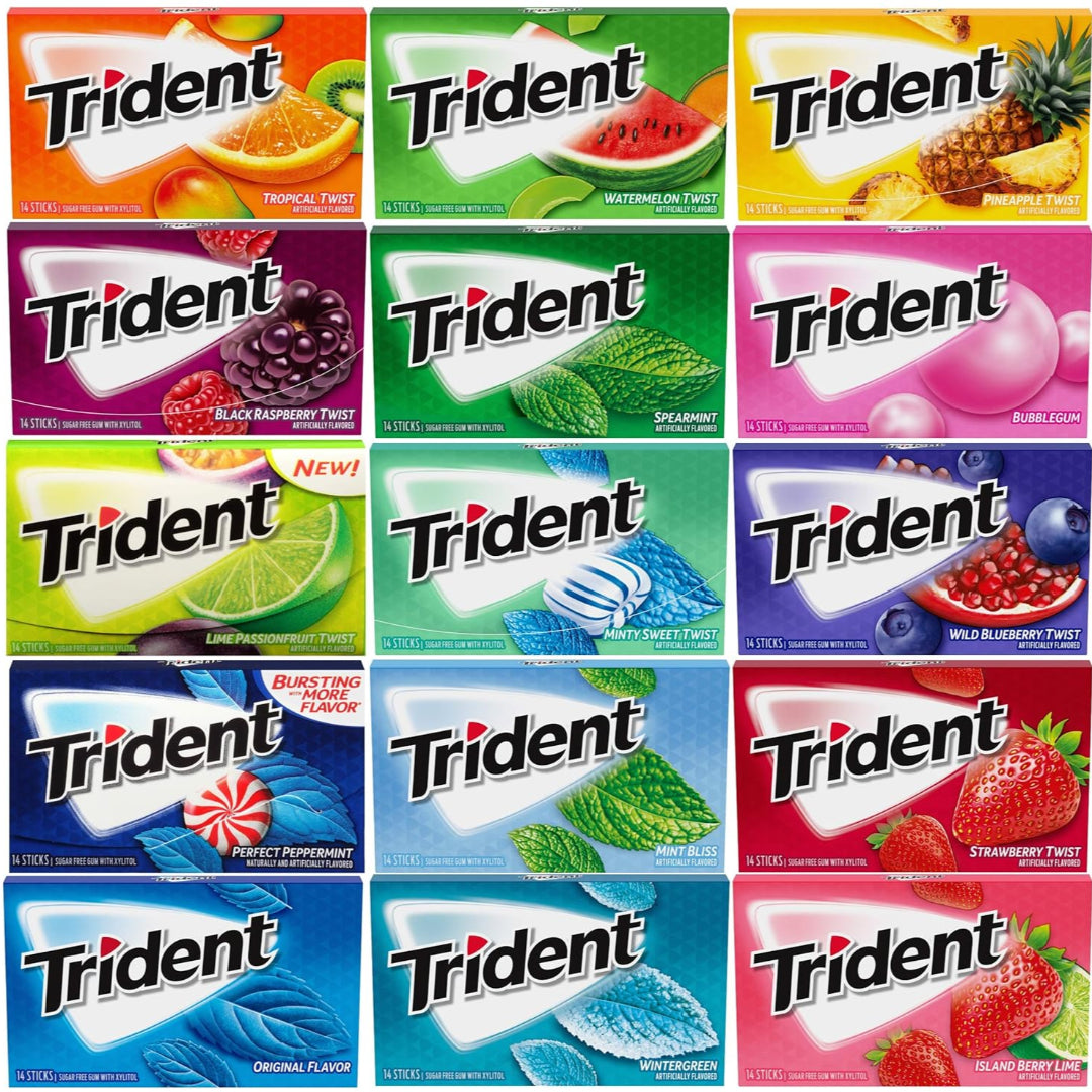 Grid of Trident gum boxes in various flavors