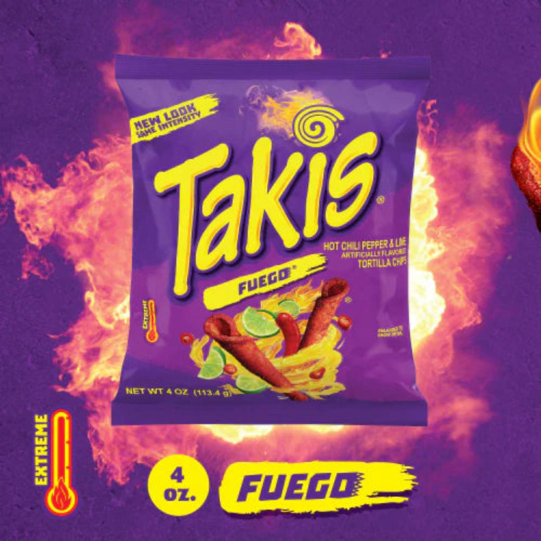 Takis Fuego snack bag with fiery background
