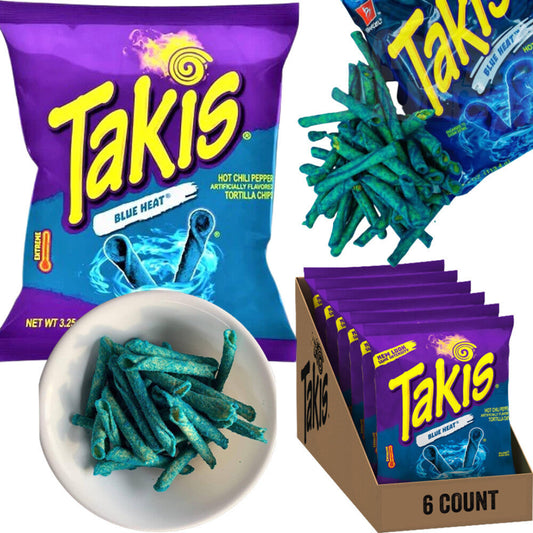 Takis Blue Heat chips packaging, chips in a bowl, and box of chips on a white background