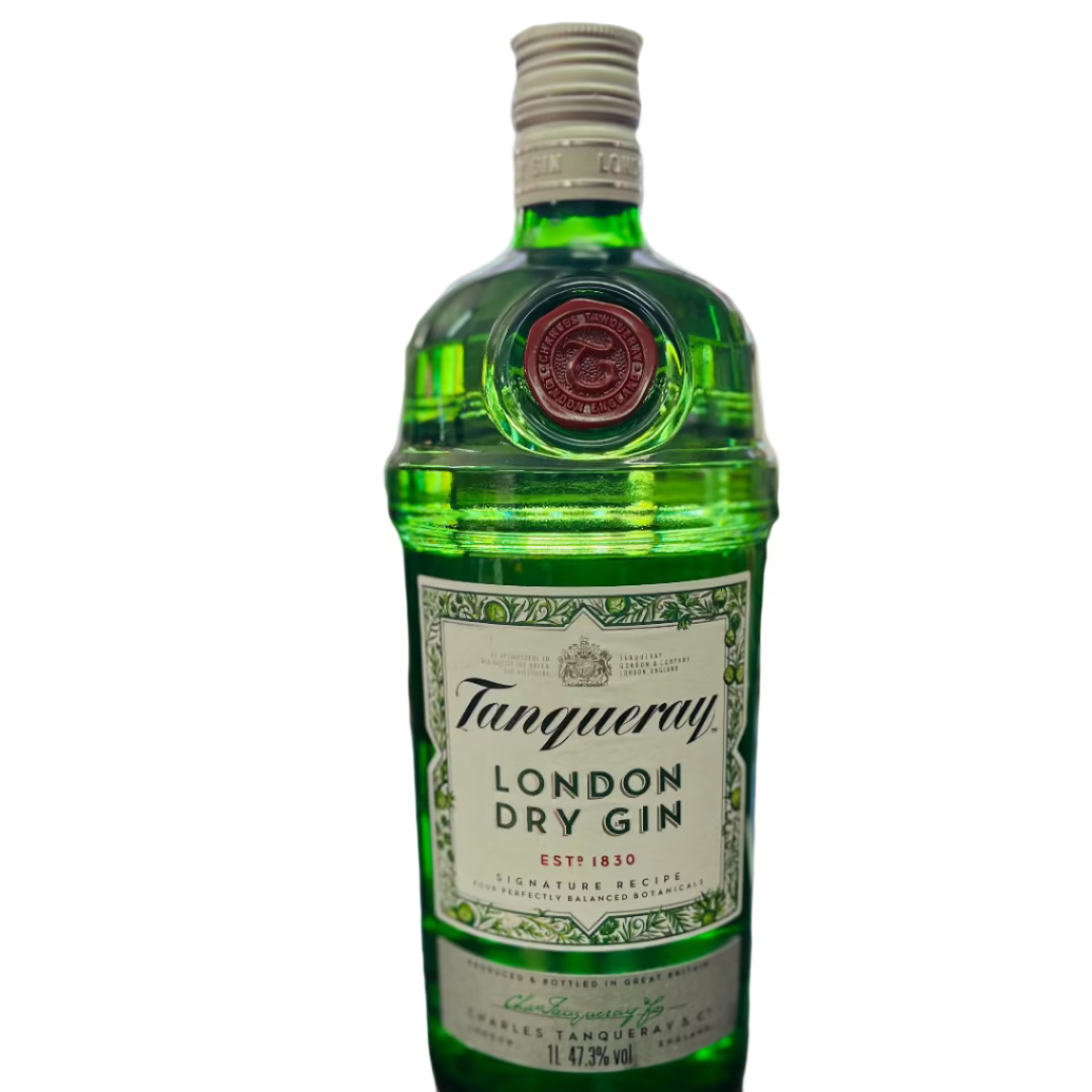 Tanqueray London Dry Gin bottle on a bar counter with a blurred bar background