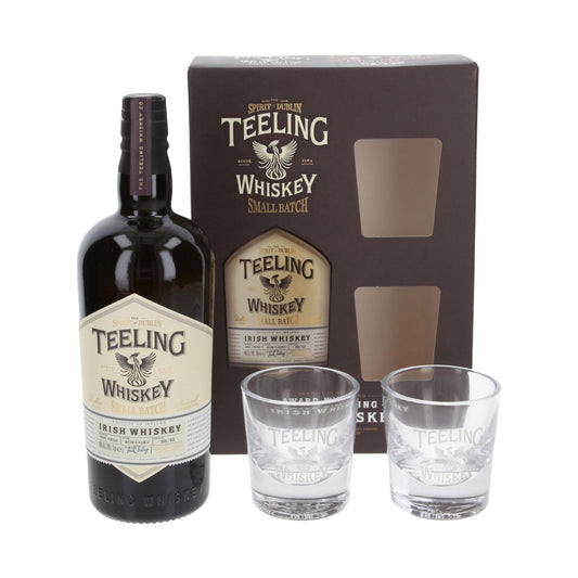 Teeling Whiskey bottle and glasses with packaging on a white background