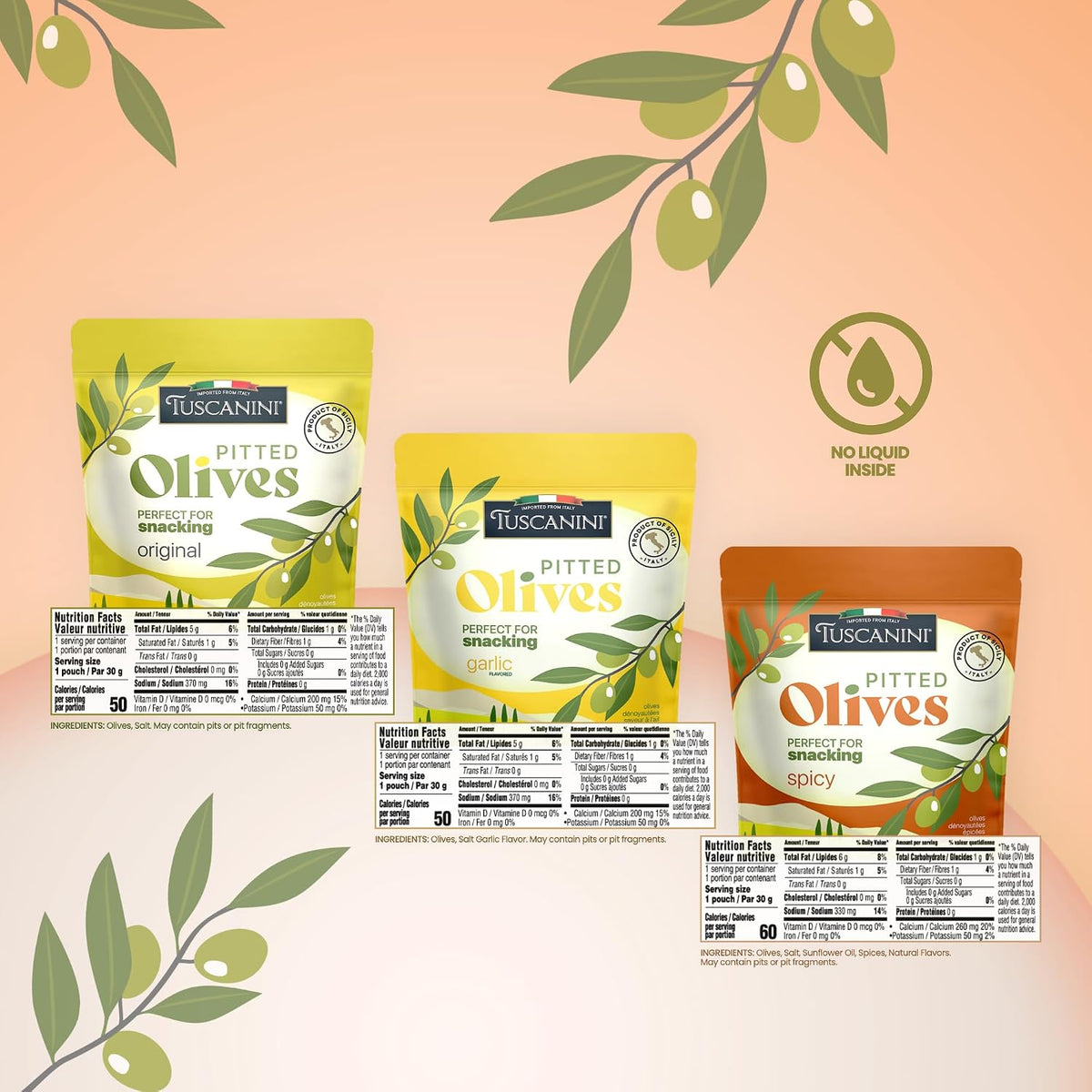 Tuscanini Italian Pitted Snack Packs Asst.