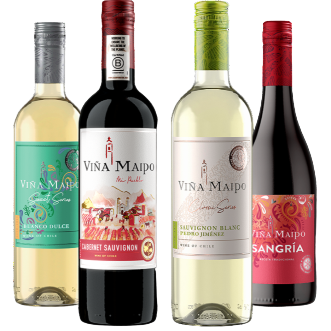 Four bottles of Viña Maipo wine with colorful labels on a white background