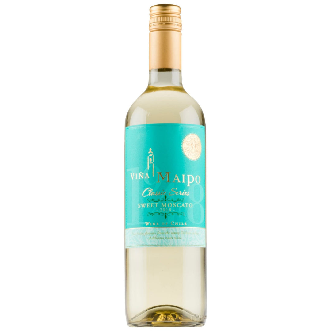 Bottle of Vina Maipo Sweet Moscato wine on a white background