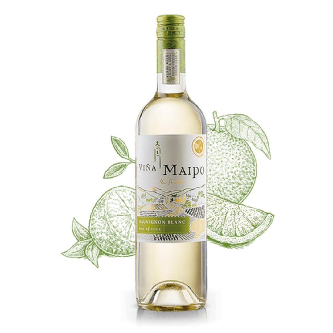 Bottle of Vina Maipo Sauvignon Blanc wine with lime graphics on a white background