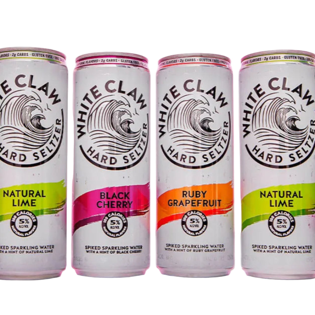 White Claw hard seltzer cans in various flavors on a pink background