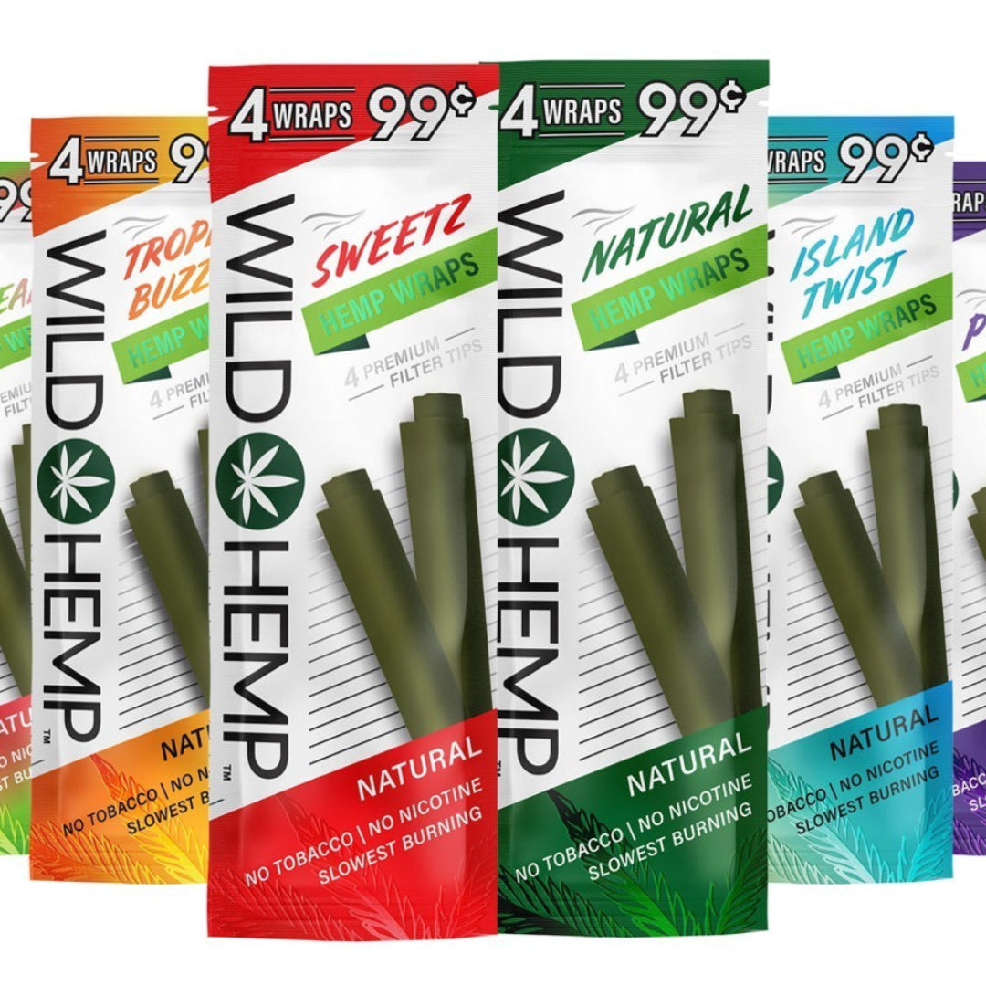 Assorted packages of Wild Hemp products on a white background