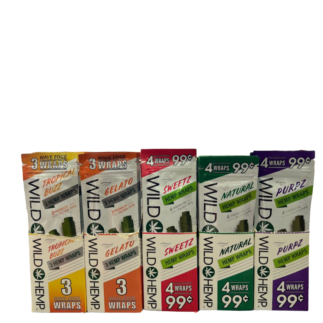 Assorted boxes of Wild Hemp wraps on a shelf with a blurred store background.