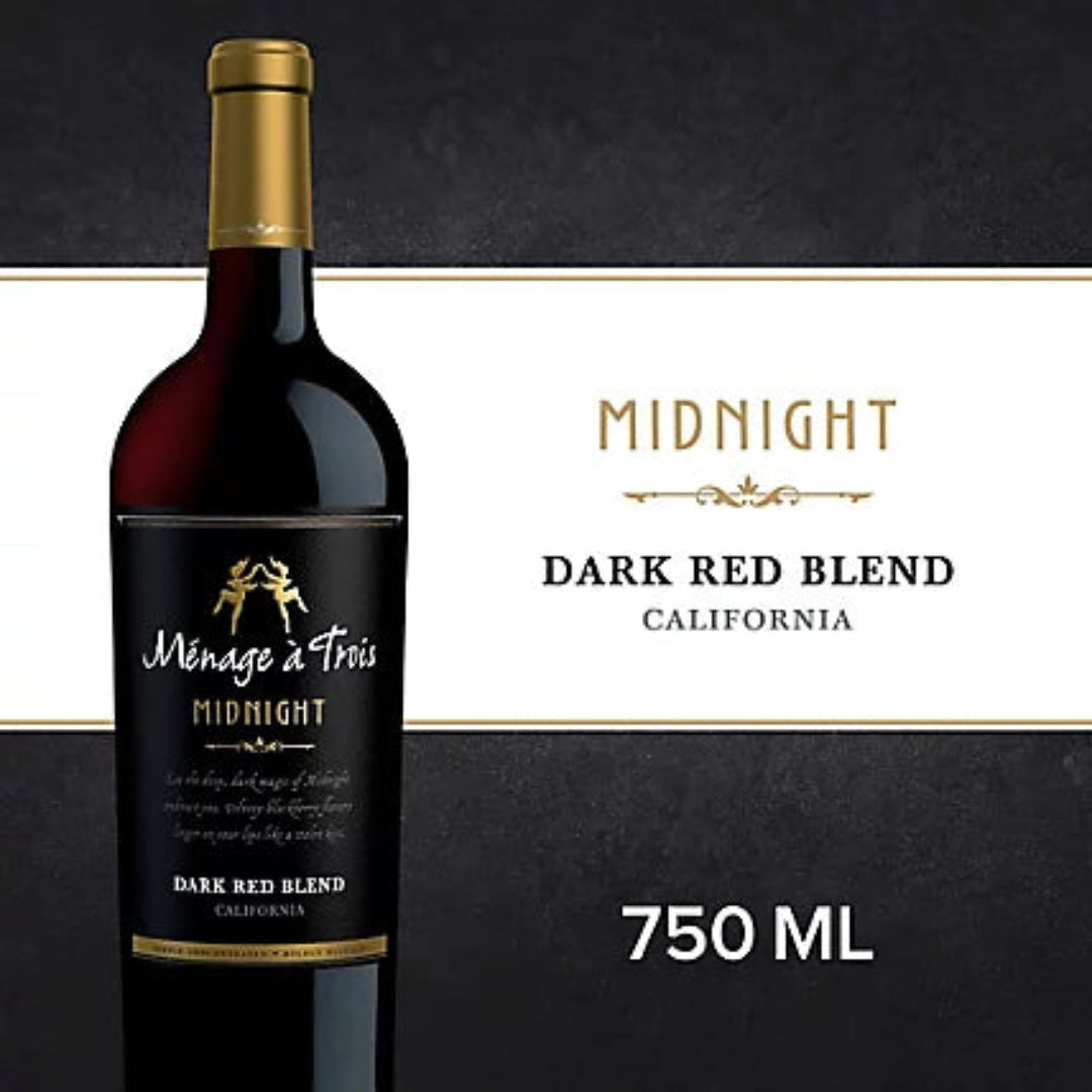 Wine bottle labeled 'Ménège ñ Trois Midnight Dark Red Blend California' on a dark background