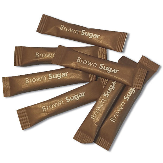 Brown sugar packets on a white background
