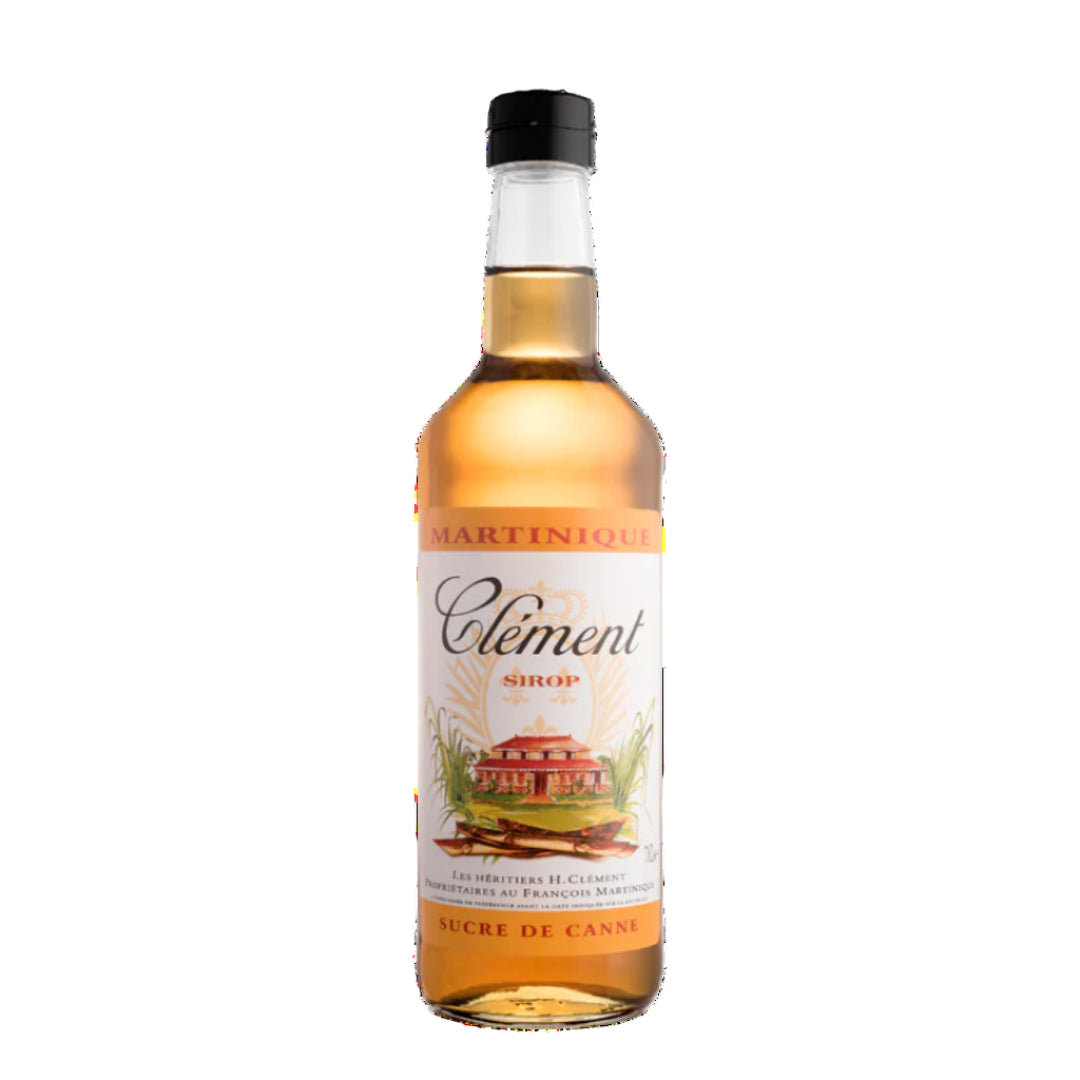 Bottle of Clément syrup with a white label on a white background