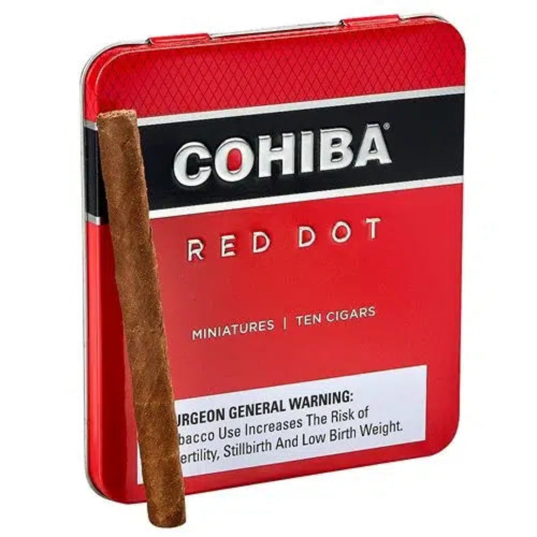 Cohiba Red Dot miniatures cigar packaging with a single cigar sticking out on a white background