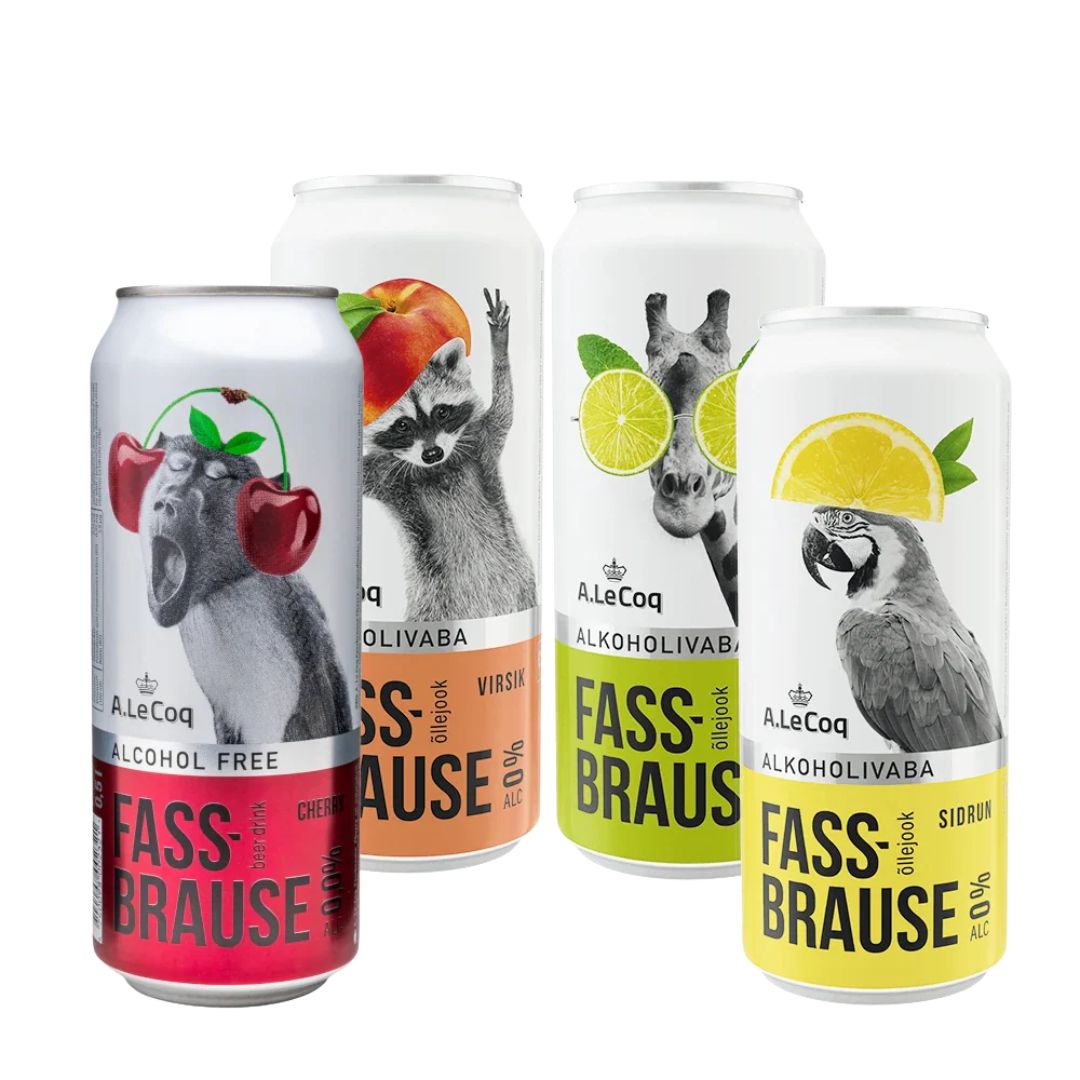 Four cans of Fass-Brause with animal-themed designs on a white background