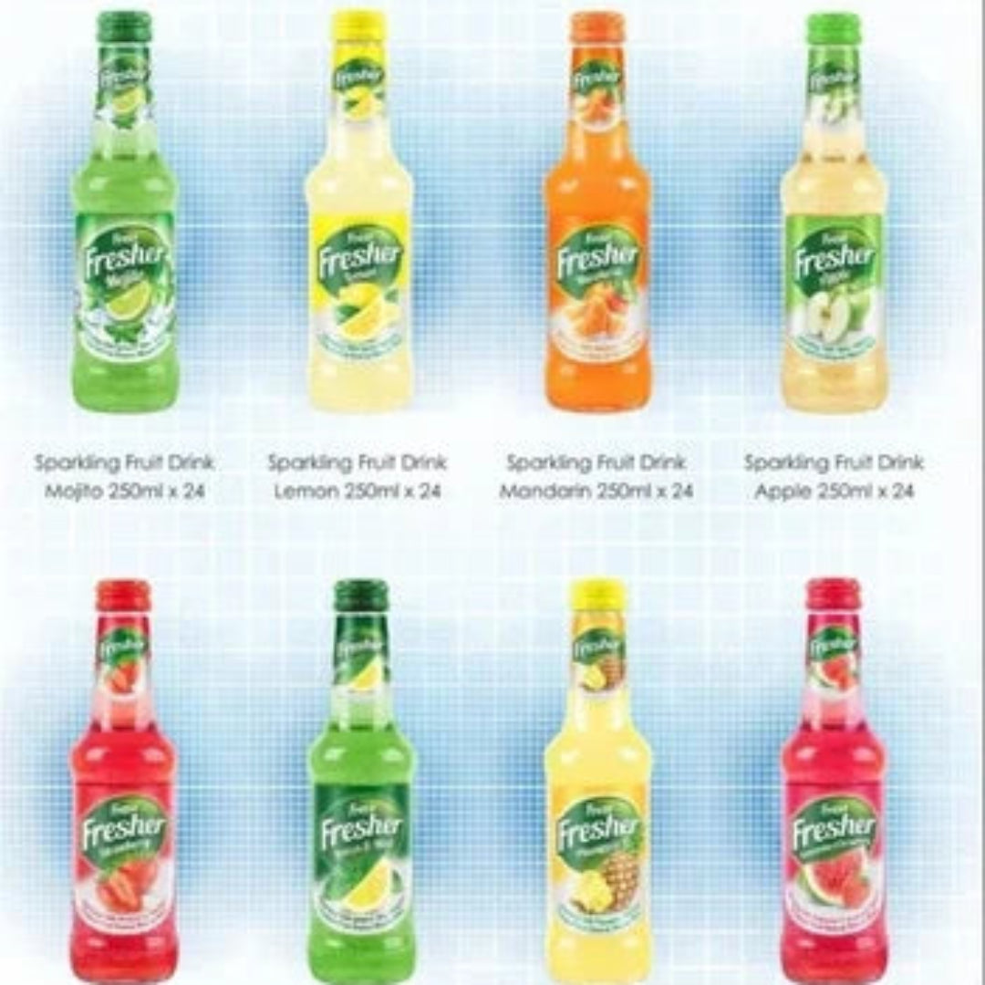 Bottles of Fresa Fresher sparkling fruit drinks on a blue background