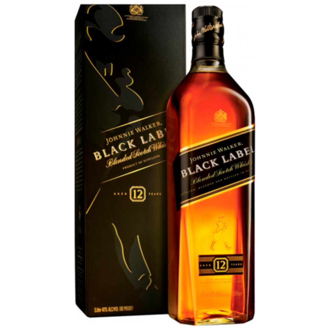 Johnnie Walker Black Label whisky bottle and packaging on a white background