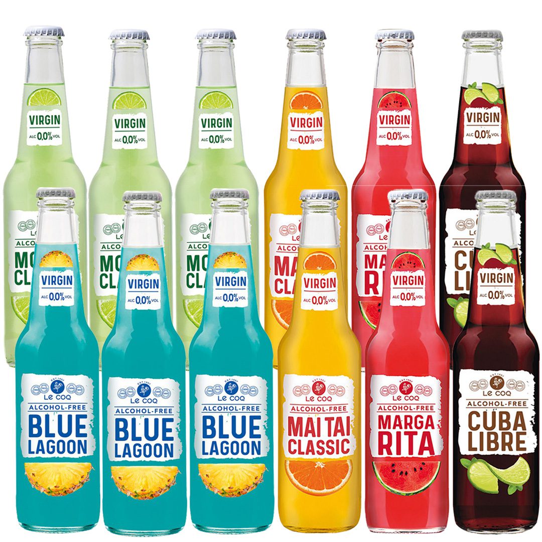 Assorted bottles of Virgin brand alcohol-free drinks with colorful labels on a white background.