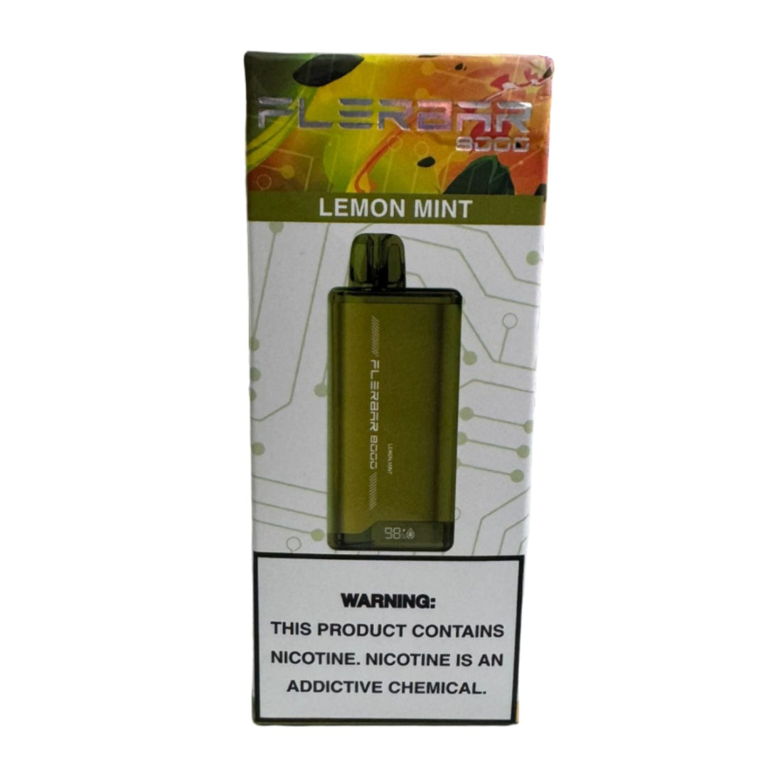 Flerbar vape device packaging with lemon mint flavor on a white background