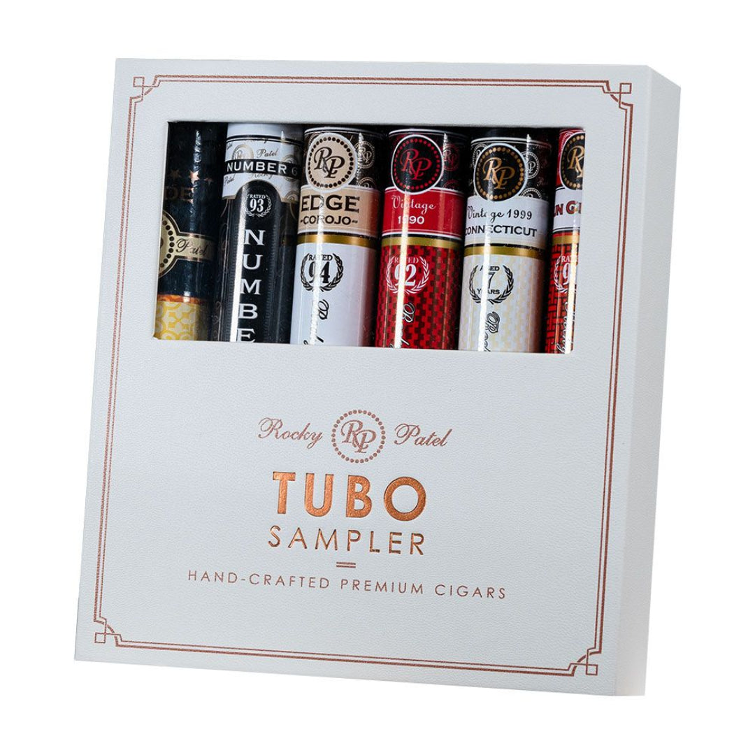 Box of Rocky Patel Tubo Sampler with various cigars inside on a white background