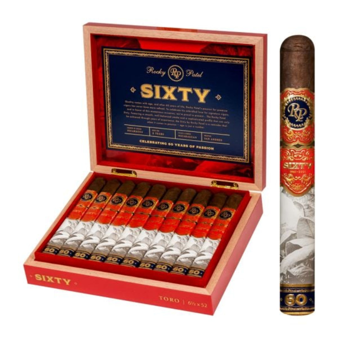 Open box of Rocky Patel Sixty cigars with a single cigar displayed on a white background