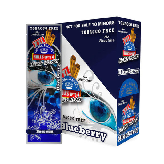 Two packages of Royal Blunts Hemp Wraps with blueberry flavor on a white background.